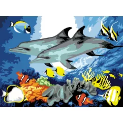   Kifestő készlet akrilfestékkel, ecsettel, gyerekeknek 11 éves kortól - 30x40 cm - Delfinek