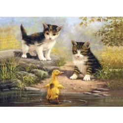   Kifestő készlet akrilfestékkel, ecsettel, gyerekeknek 11 éves kortól - 30x40 cm - Cicák kiskacsával