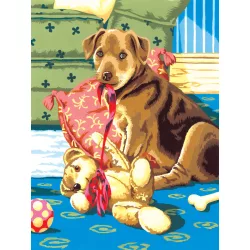   Számozott kifestő készlet akrilfestékkel, ecsettel, gyerekeknek 8 éves kortól - 20x25 cm - Kiskutya játék mackóval