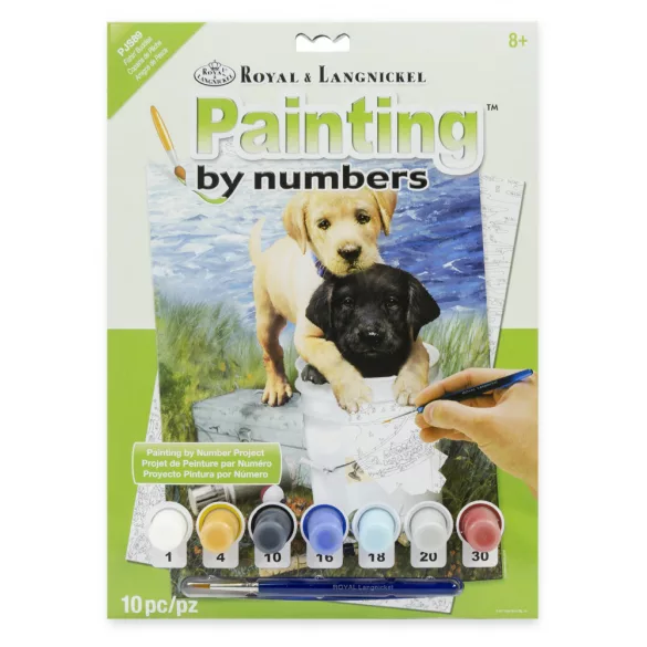 Számoztt kifestő készlet akrilfestékkel, ecsettel, gyerekeknek 8 éves kortól - 20x25 cm - Labrador kölykök a tóparton