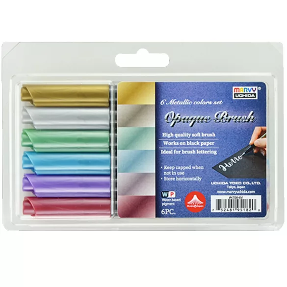 Marvy Uchida Set 6pcs Opaque Brush Marker,  Assorted Metallic