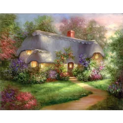   Kifestő készlet vászonra, akrilfestékkel, ecsettel, felnőtteknek - 28x36 cm - Erdei házikó - Újra kapható