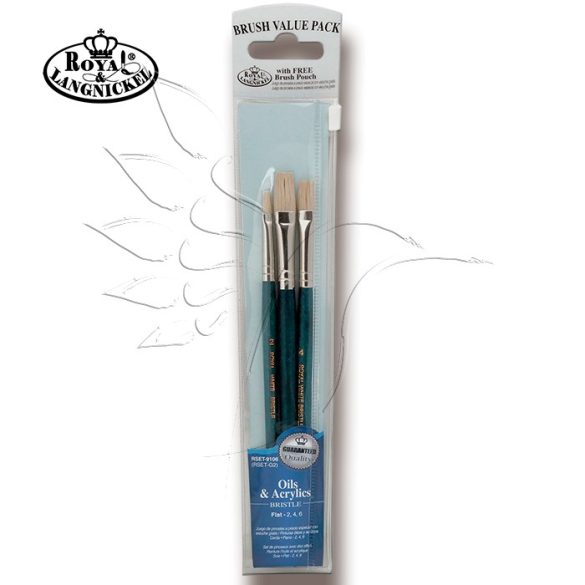 Brush Set - Oil & Acrylics BRISTLE FLAT Set 9106 - 3 pcs  with free brush pouch