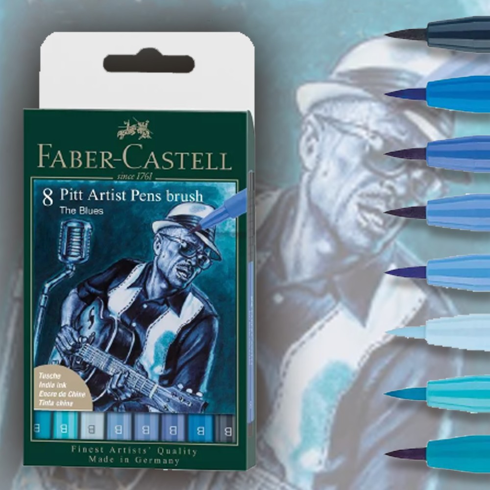 Faber- Castell 8 Pitt Artist Pens - The Blues - Art Supply B