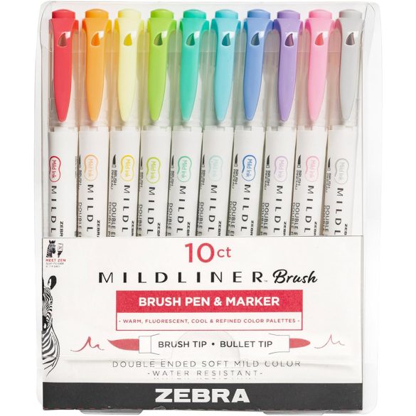 Brush Marker Set with Double Tip - ZEBRA Mildliner Brush Pen & Marker in One 10pc