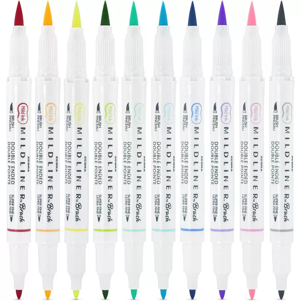 Ecsetfilc készlet, kétvégű - ZEBRA Mildliner Brush Pen & Marker in One 10pc