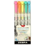 Brush Marker Set with Double Tip - ZEBRA Mildliner Brush Pen & Marker in One 5pc - Fluorescent Set
