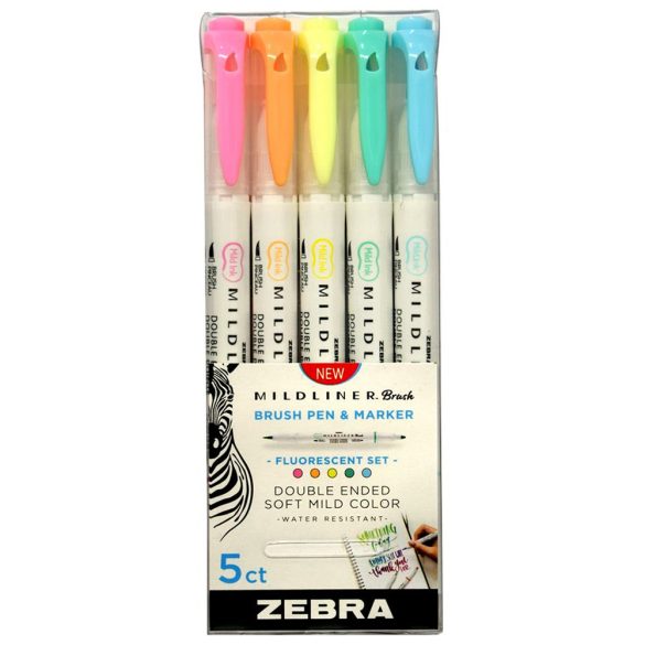 Brush Marker Set with Double Tip - ZEBRA Mildliner Brush Pen & Marker in One 5pc - Fluorescent Set