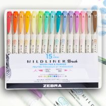   Brush Marker Set with Double Tip - ZEBRA Mildliner Brush Pen & Marker in One 15pc