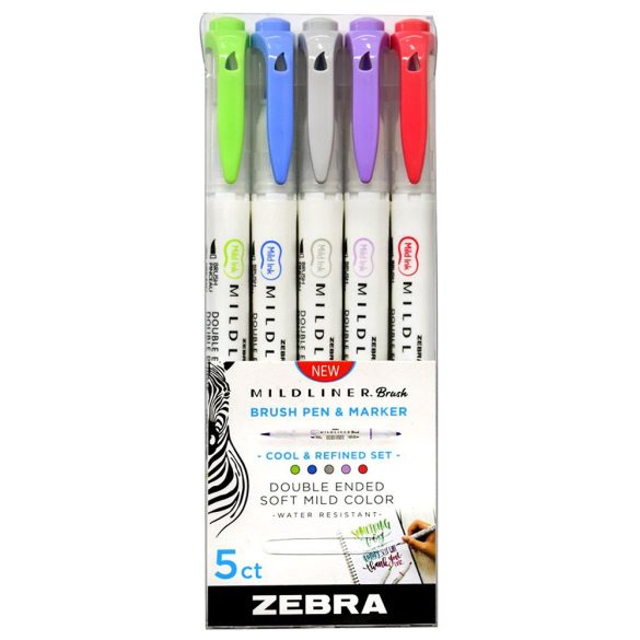 Brush Marker Set with Double Tip - ZEBRA Mildliner Brush Pen & Marker in One 5pc - Cool Set