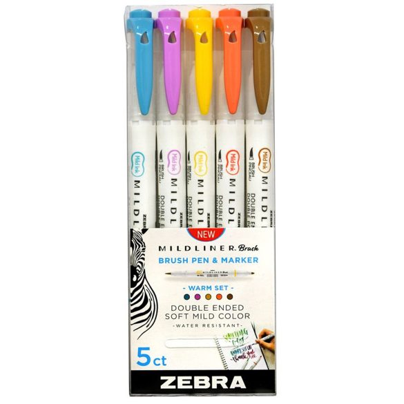 Brush Marker Set with Double Tip - ZEBRA Mildliner Brush Pen & Marker in One 5pc - Warm Set