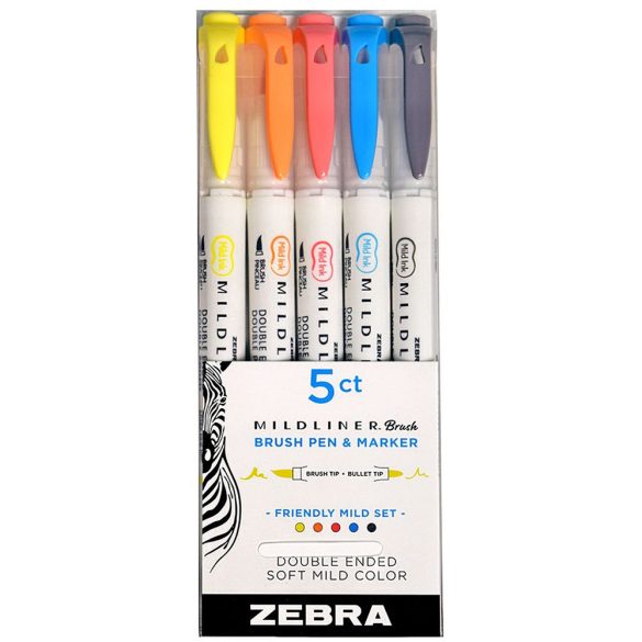 Brush Marker Set with Double Tip - ZEBRA Mildliner Brush Pen & Marker in One 5pc - Friendly Mild Set