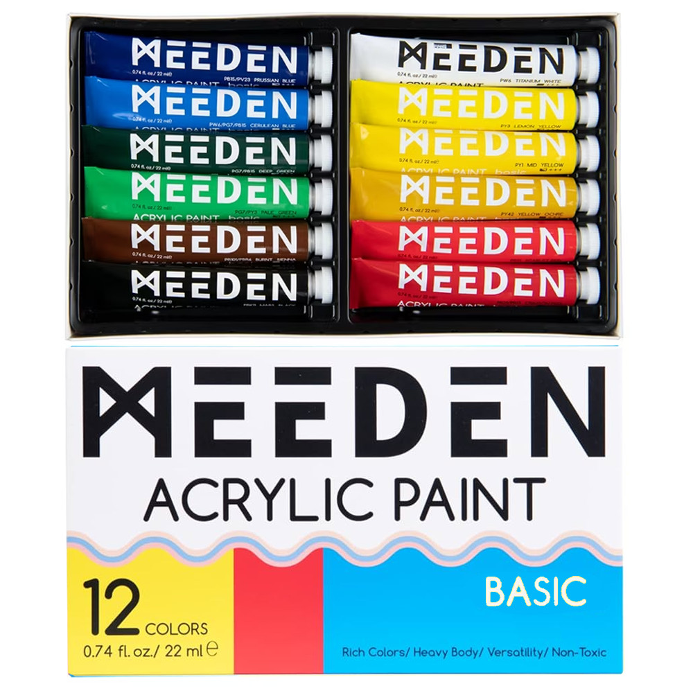 Image of Akrilfesték készlet, sűrű - MEEDEN Heavy Body Acrylic Paint Set, 12 Basic Colors (0.74 oz, 22 ml) in tube