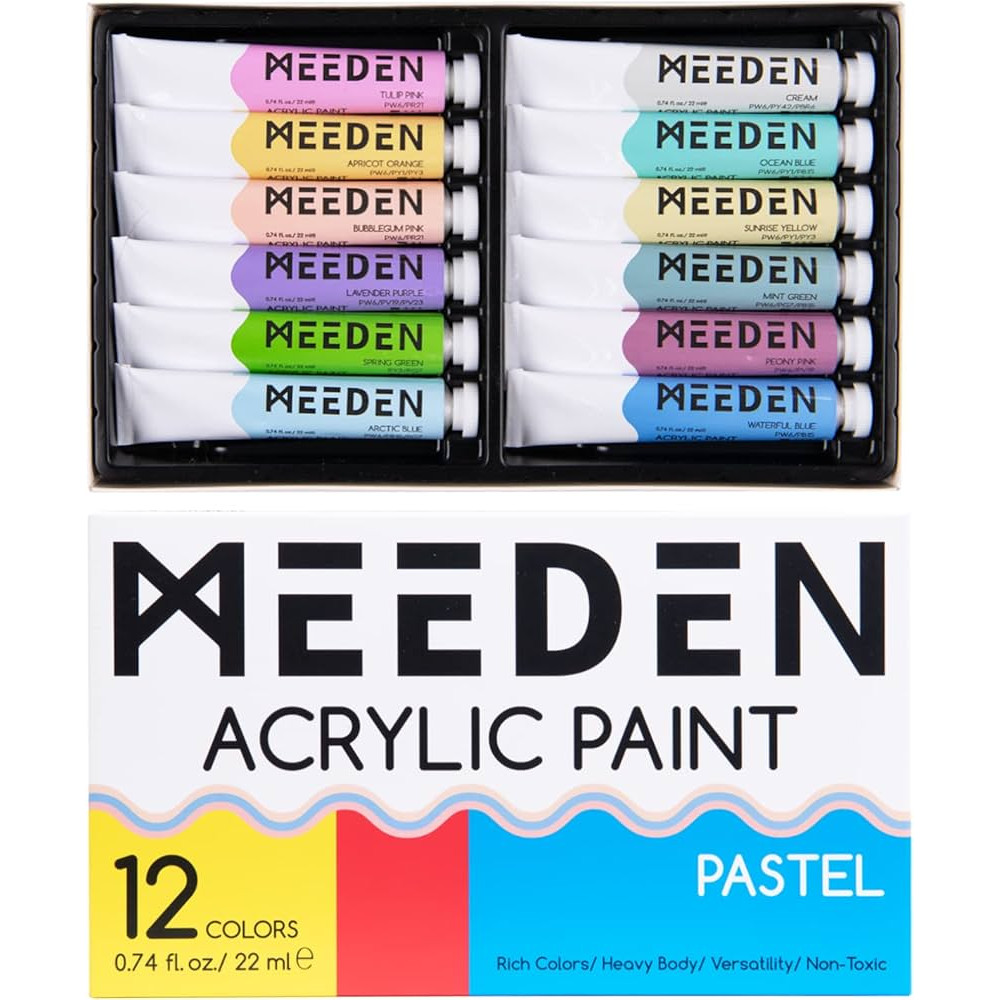 Image of Akrilfesték készlet, sűrű - MEEDEN Heavy Body Acrylic Paint Set, 12 Pastel Colors (0.74 oz, 22 ml) in tube