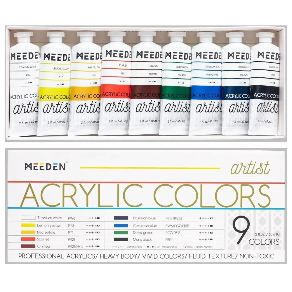 Image of Akrilfesték készlet - MEEDEN Heavy Body Acrylic Paint Set, 9 Vibrant Colors 9x60 ml - Alapszínek