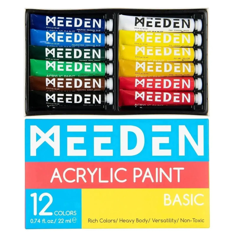Image of Akrilfesték készlet - MEEDEN Acrylic Paint Set, 12 Vibrant Colors 12x22 ml - Alapkészlet