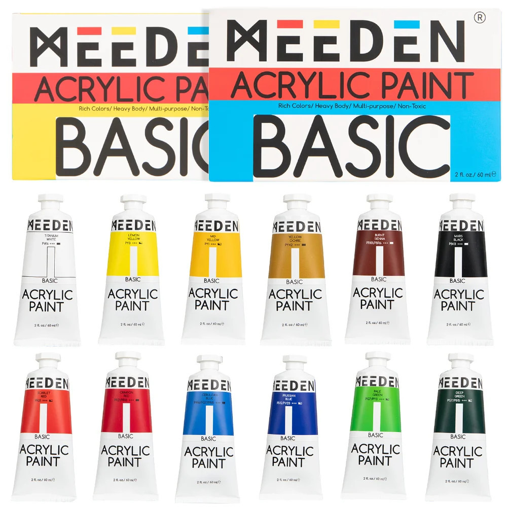 Image of Akrilfesték készlet - MEEDEN Heavy Body Acrylic Paint Set, 12 Vibrant Colors 12x60 ml - Alapszínek