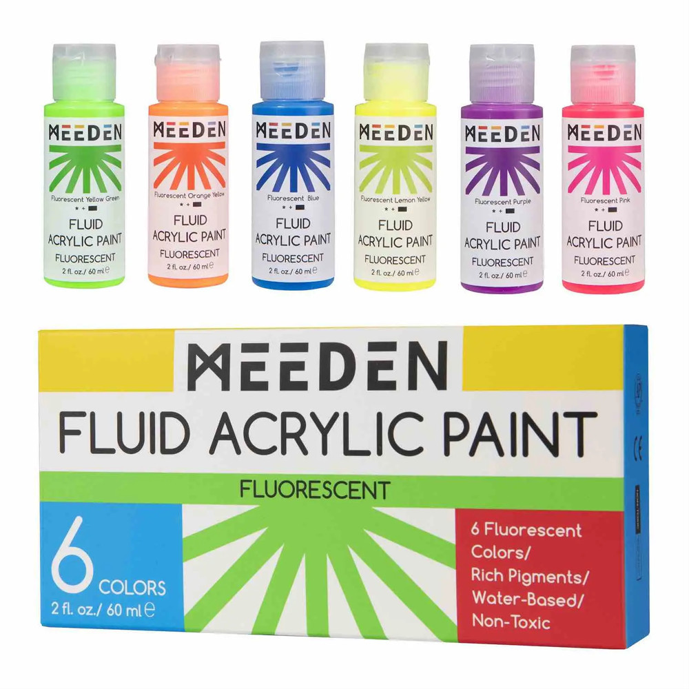 Image of Akrilfesték készlet - MEEDEN Fluid Acrylic Paint Set, 6 Fluorescent Colors (2 oz, 60 ml)