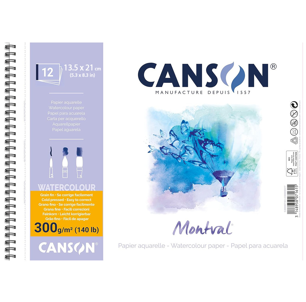 Image of Akvarelltömb - Canson Montval Cold Pressed Watercolour Paper Spiral, 300g, 12 sheets, 13.5x21cm