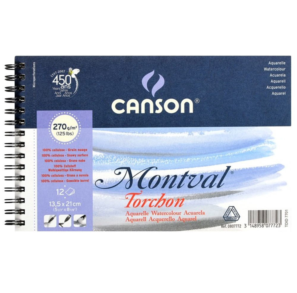 Image of Akvarelltömb - Canson Montval Torchon Cold Pressed Watercolour Paper Spiral, 270g, 12 sheets, 13.5x21cm