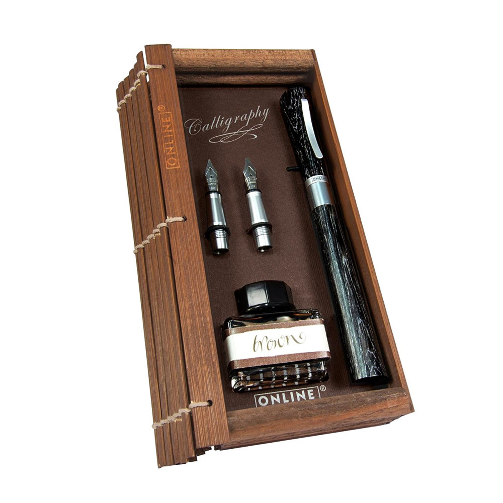 Image of Kalligráfia toll készlet - Newood Black - 3 tolheggyel és 15 ml barna tintával