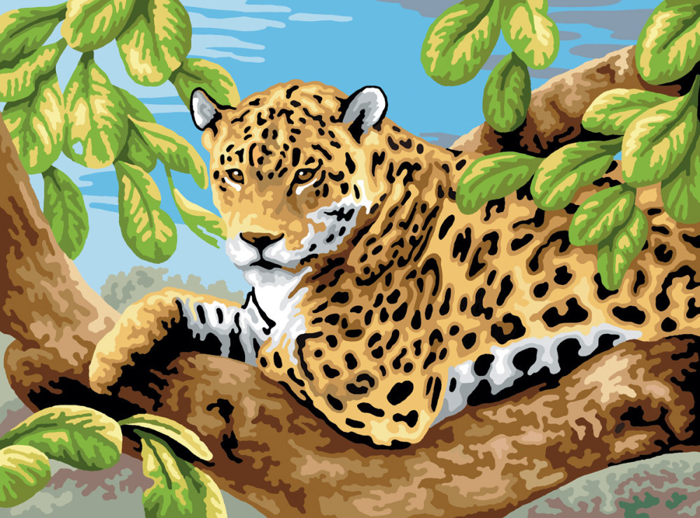 Image of Kifestő készlet akrilfestékkel, ecsettel, gyerekeknek 11 éves kortól - 30x40 cm - Leopard a fán