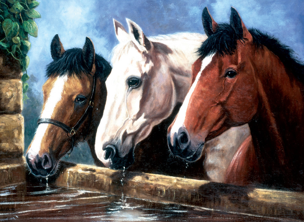 Image of Kifestő készlet akrilfestékkel, ecsettel, gyerekeknek 11 éves kortól - 30x40 cm - Három ló az itatónál